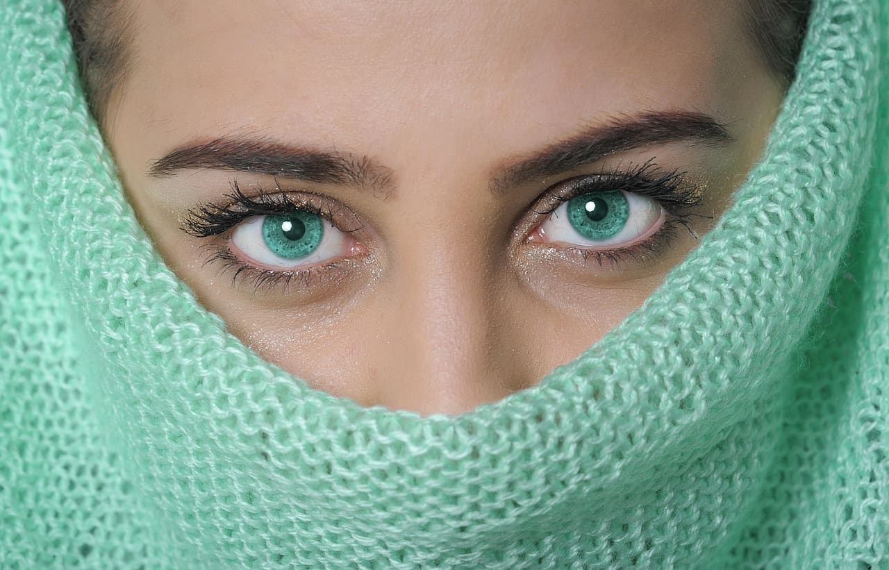 Groomed brows above blue-green eyes, a knitted scarf over the face